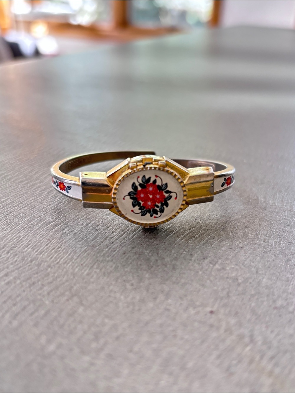 Vintage Dainty Jai De Luxe Cuff Watch Floral Enamel Peek A Boo Works